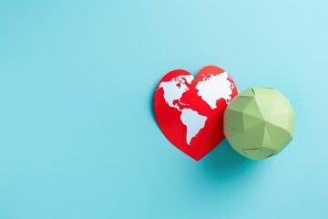 A heart shaped world map with a red heart shape on a blue background. Generative AI