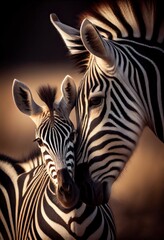 Baby zebra nuzzling up to its mother, generative ai