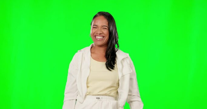 Face, green screen and woman in power pose in studio, empowered and motivated on mockup background. Portrait, happy and arm flexing by female excited, strong and laughing for goal or achievement