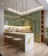 A modern kitchen contains a wooden floor and a marble counter, light brown and gold, light green, crisp and clean, marble, ai generative