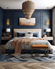A stylish bedroom with a large bed and rug, in the style of dark indigo and light brown, vibrant neo - traditional, naturalistic light, light gray and light bronze, ai generative