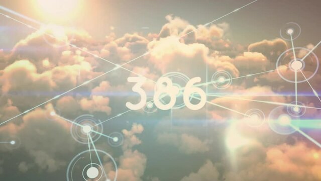 Animation of changing numbers over connected dots against sun and dense clouds