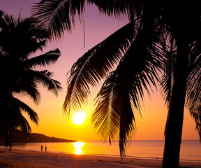Naklejka na ściany i meble Beautiful sunset tropical beach with palm tree and pink sky for travel and vacation in holiday relax time.