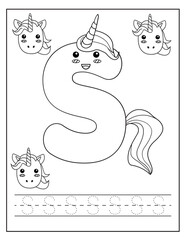 Unicorn alphabet for children education. Coloring book for kids. Activity Book. Letters preschool worksheet. English language study.	