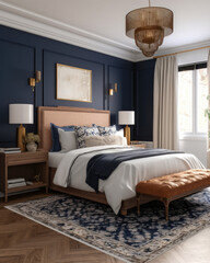 A stylish bedroom with a large bed and rug, in the style of dark indigo and light brown, vibrant neo - traditional, naturalistic light, light gray and light bronze, ai generative