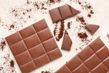 Tasty chocolate and coffee powder on light background, closeup