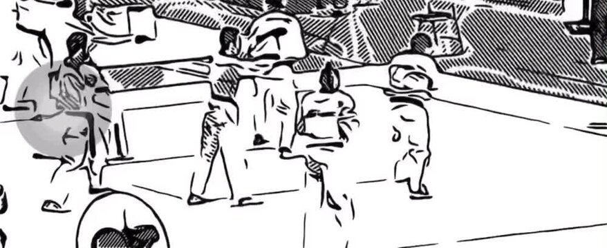 black and white animation of people doing a martial arts match