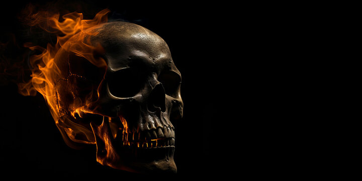 Black Skull burned in fire wallpaper background created with a generative ai technology	
