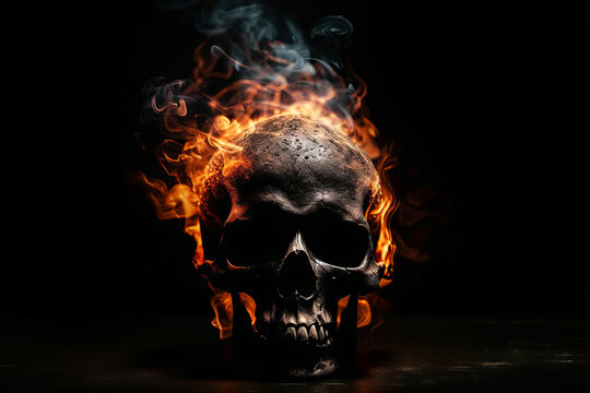 Black Skull burned in fire wallpaper background created with a generative ai technology	
