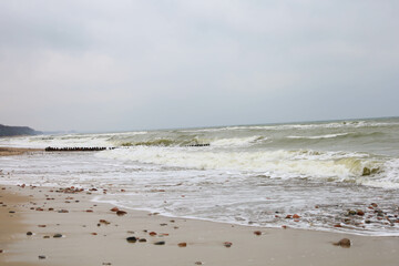 waves on the beach, sea coast in autumn during bad weather, waves