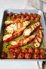 grilled vegetables, baked vegetables cooking vegetables sweet peppers and tomatoes with cheese and bacon step by step step 2