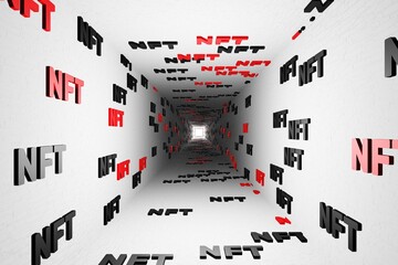 NFT crypto symbols tunnel icon white background 3d render. Non fungible token of unique collectibles, blockchain and digital artwork