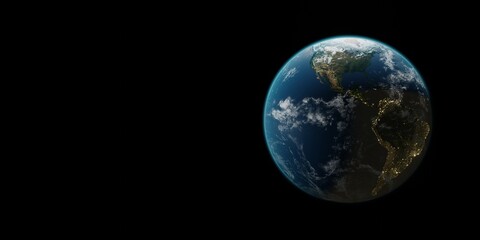 Naklejka na ściany i meble Beautiful 3d earth planet on black background 3d render. Concept of climate change, dark night, cities lights, sunrise. World planet satellite, Stars, nebula and galaxy. Sunrise from outer space