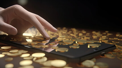 Hand using a smart phone with gold coins on the table, business and technology concept, Generative AI