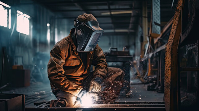 Welder in a protective mask welds metal in a factory. Generative AI