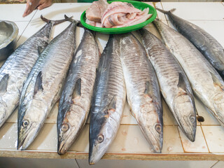 selectively focus on fresh mackerel. the main ingredient of traditional Palembang food is empek empek or fish balls. soft focus