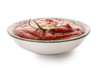 Bowl of tasty tomato paste isolated on white background