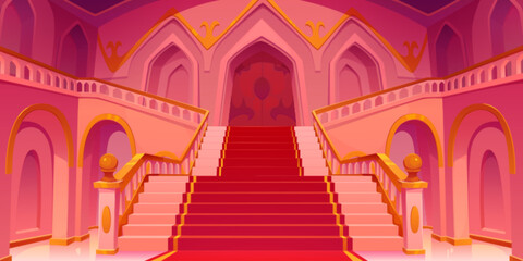 Medieval castle royal hall interior with stairs cartoon background. Fairy ballroom with staircase, red carpet and entrance door vector illustration. Beautiful fantasy luxury baroque building.