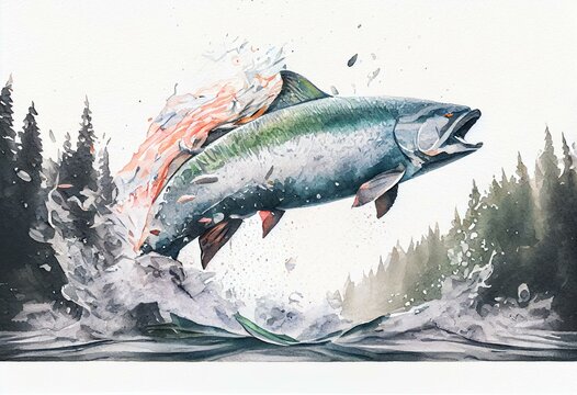 Watercolor Illustration of Wild chinook salmon fish jumping out of river water in a forest. Generative AI