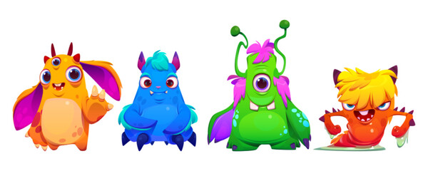 Set of cartoon neon color monsters isolated on black background. Vector illustration of cute alien characters with funny happy and angry faces. Scary Halloween creatures. Comic furry sweet mascots © klyaksun