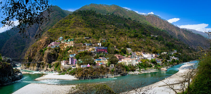 Karnaprayag Chamoli Uttarakhand - The Junction of Alaknanda and Pindari Rivers, march 2023. Panorama Photography 