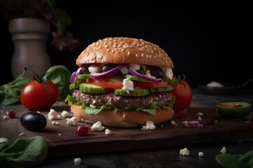 hamburger with vegetables sandwich ingredients, copy space tomato burger lettuce cucumber pickle onion mozzarella cheese olive bun with sesame on wood table 