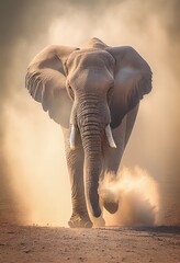 Fototapeta na wymiar Elephant walking through a dry and dusty landscape, generative ai