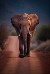 Fototapeta na wymiar Elephant walking towards the camera on a dirt road, generative ai