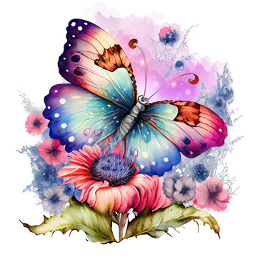 Colorful Butterfly with Florals Clipart Transparent Background, Fantasy Butterfly with Bright galaxy and Glitter texture.