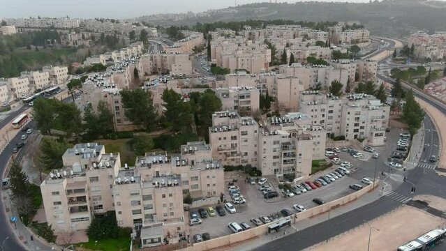 Aerial view over Gilo neighborhood buildings, Israel,2023

Israeli settlement in south-western East Jerusalem, Drone view, Israel 2023 
