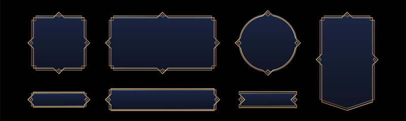 Realistic set of vintage avatar frames and game buttons isolated on black background. Vector illustration of art deco style borders for rpg interface design. Square, rectangular, round royal signs