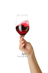 Female hand holding glass of red wine isolated on white background