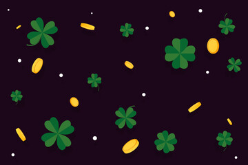 Patrick's Day background with clover leaves and golden coins. Vector illustration. 