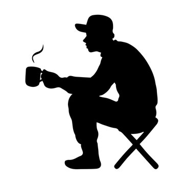 recommend clip art: Man sitting and drinking hot coffee, Person silhouette sitting in camp chair.