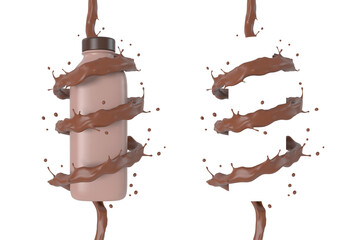 Chocolate flow swirled around the chocolate milk bottle,3D rendering