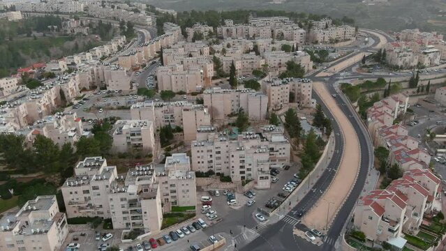 Aerial view over Gilo settlement buildings, 2023

Israeli settlement in south-western East Jerusalem, Drone view, Israel 2023 
