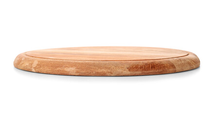 Wooden pizza board on white background