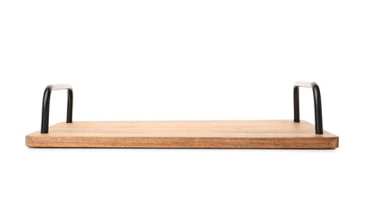 Wooden kitchen board with handles on white background