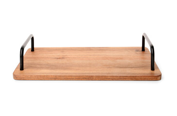 Wooden kitchen board with handles on white background