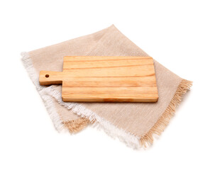 Wooden cutting board and napkin isolated on white background