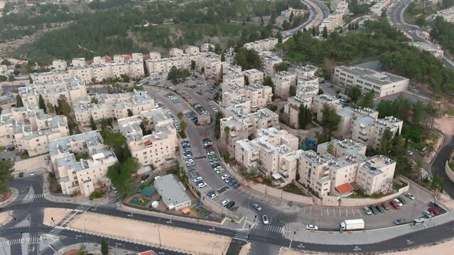 Gilo settlement buildings Drone view, 2023

Israeli settlement in south-western East Jerusalem, Drone view, Israel 2023 
