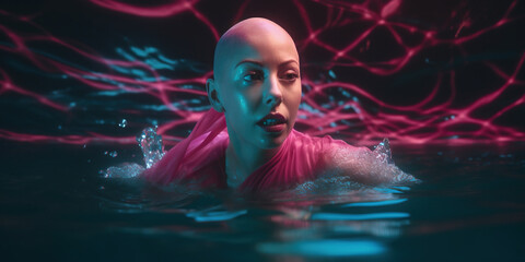 Obraz na płótnie Canvas Breast Cancer Generative AI Bald Woman Survivor or Fighter Swimming