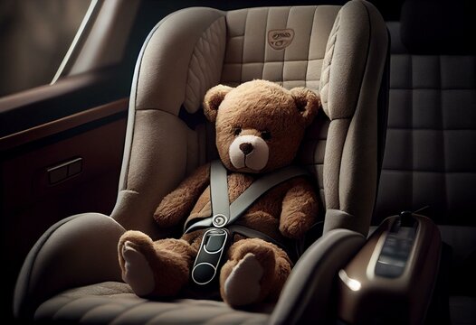 Baby safety car seat with a teddy bear. Generative AI