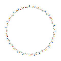 Round frame with multi colored Christmas lights for garlands. Decorating Christmas cards with lights and garlands. Cartoon vector isolated on white background