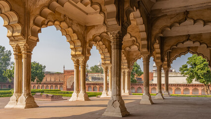 The architecture of the palace in the Red Fort. An open pavilion of Divan-i-Am with columns and...