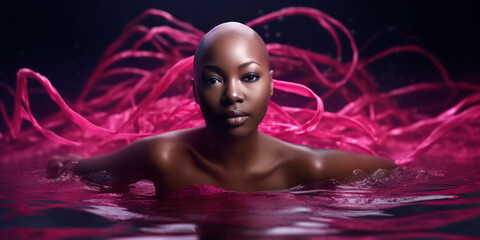 Breast Cancer Generative AI Bald Woman Survivor or Fighter Swimming Pink Ribbons