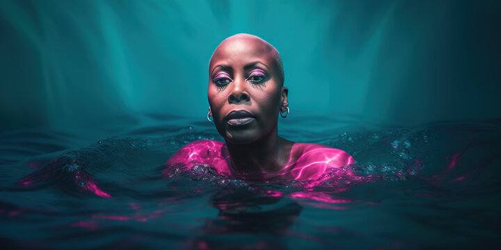 Breast Cancer Generative AI Bald Woman Survivor or Fighter Swimming