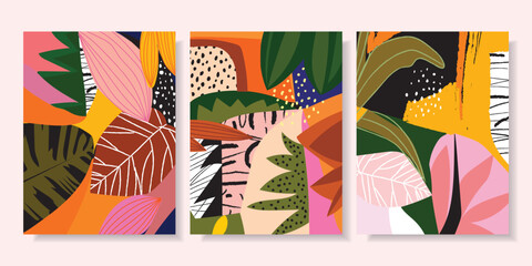 Obraz premium Set of exotic abstract floral, tropical flowers and leaves hand drawn vector background design.