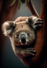 Obraz premium Koala hanging upside down from a branch, generative ai