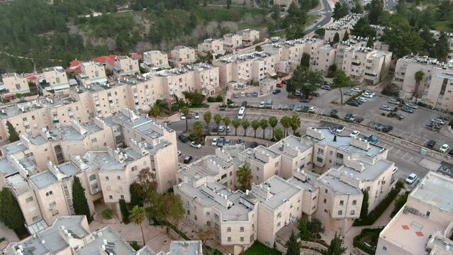 
Gilo settlement buildings Aerial view, 2023,

Israeli settlement in south-western East Jerusalem, Drone view, Israel 2023 
